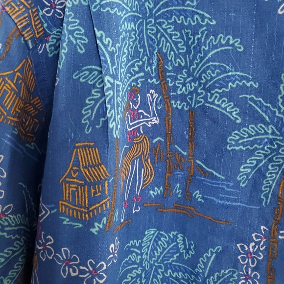 Tommy Bahama Silk Hawaiian Button Up Shirt Mens XL Blue Palm Tree Hula Dancer - Picture 15 of 16